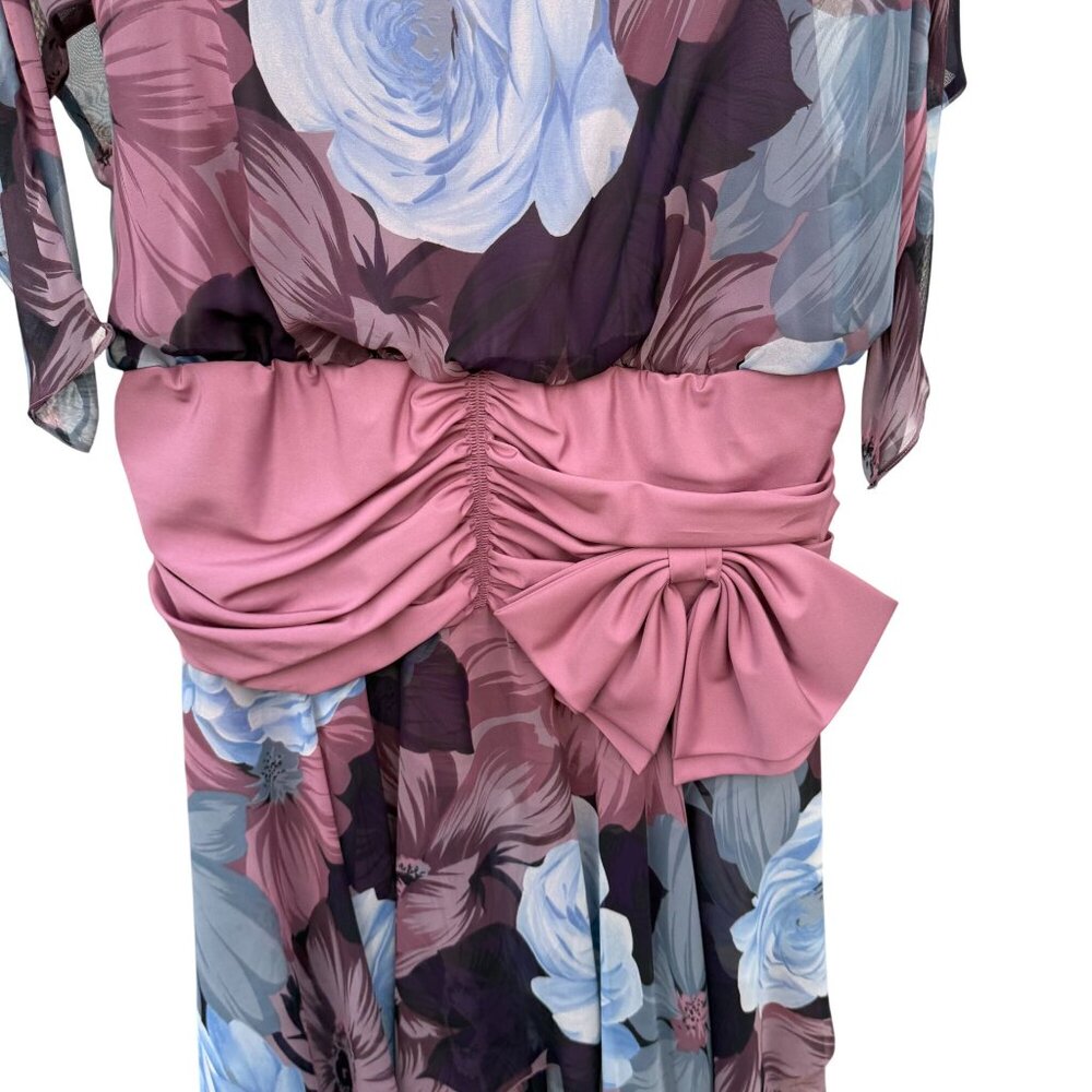 Floral Asymmetric Draped Bow Dress 16 VTG 80s Sheer Purple Blue Ruched Maiello - Picture 3 of 7